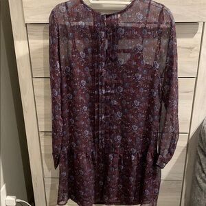 LOFT Women Burgundy Floral Sheer Long Sleeve‎ Tiered Hem Dress Size S